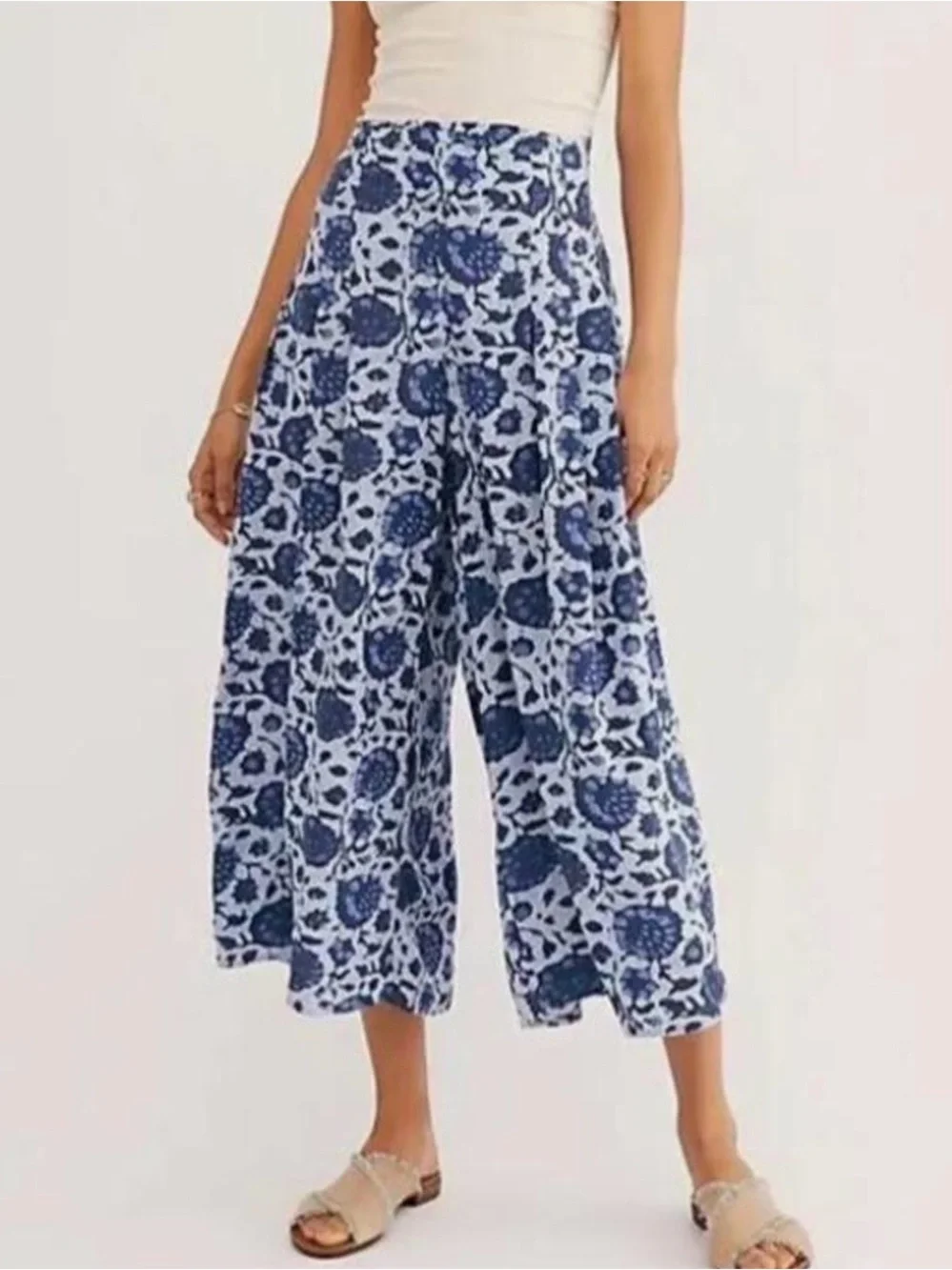 Free People Blue Floral Wide-Leg Crop Pants